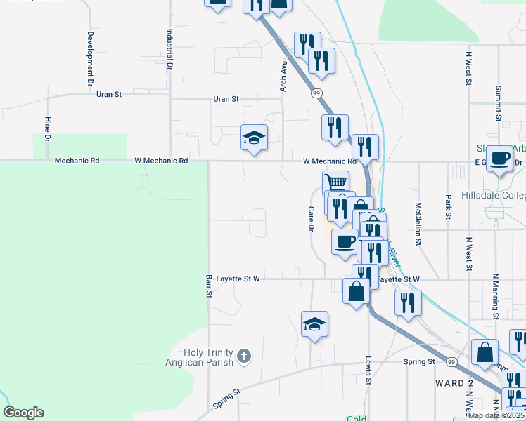 map of restaurants, bars, coffee shops, grocery stores, and more near 300 Village Green Boulevard in Hillsdale