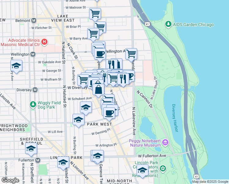 map of restaurants, bars, coffee shops, grocery stores, and more near 521 West Diversey Parkway in Chicago