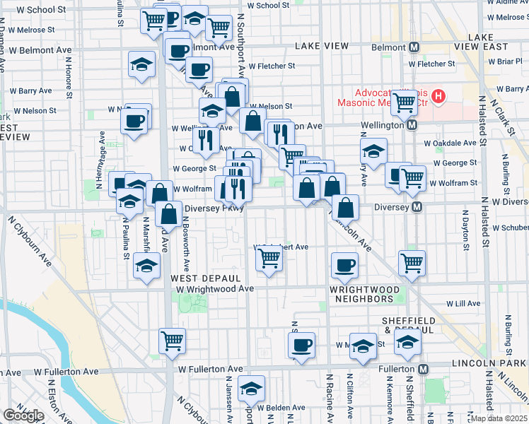 map of restaurants, bars, coffee shops, grocery stores, and more near 1344 West Diversey Parkway in Chicago