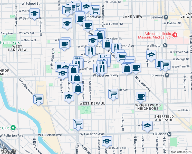 map of restaurants, bars, coffee shops, grocery stores, and more near 1420 West Diversey Parkway in Chicago