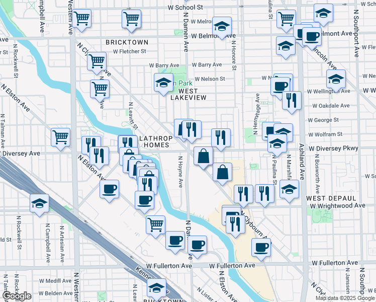 map of restaurants, bars, coffee shops, grocery stores, and more near in Chicago