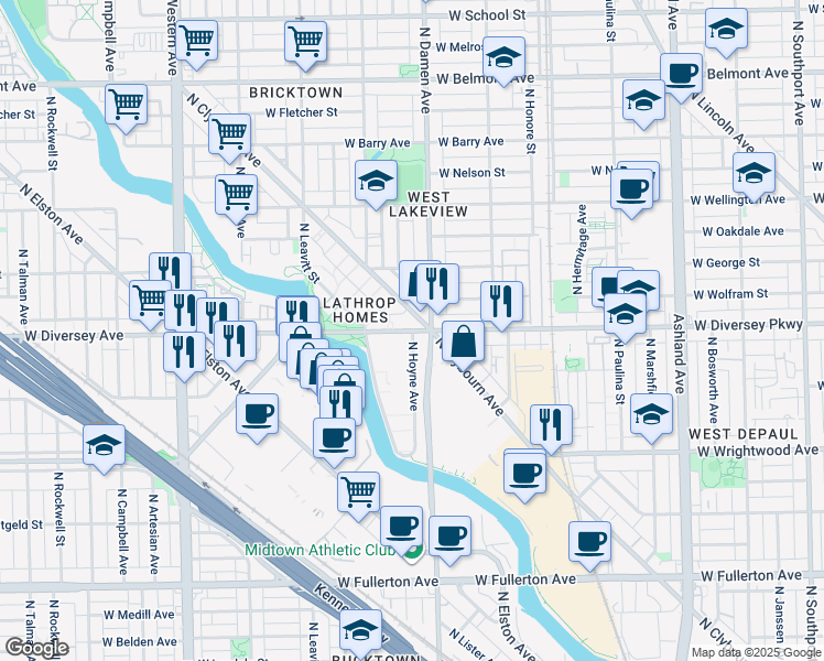 map of restaurants, bars, coffee shops, grocery stores, and more near 2034 West Diversey Parkway in Chicago