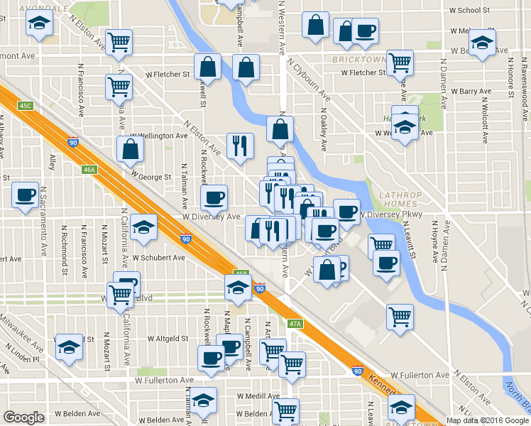 map of restaurants, bars, coffee shops, grocery stores, and more near 2820 North Elston Avenue in Chicago