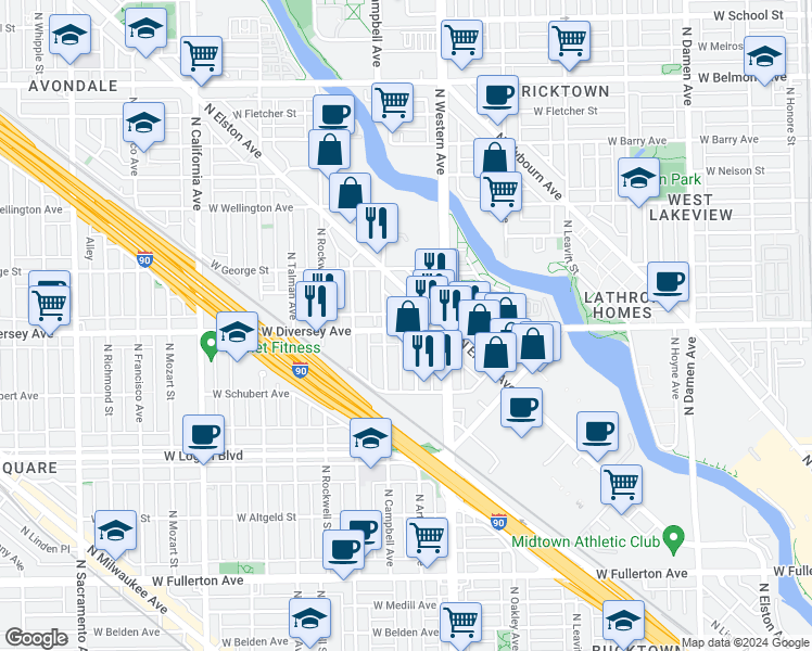 map of restaurants, bars, coffee shops, grocery stores, and more near 2450 West Diversey Avenue in Chicago
