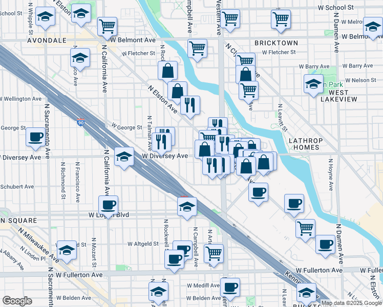 map of restaurants, bars, coffee shops, grocery stores, and more near 2450 West Diversey Avenue in Chicago
