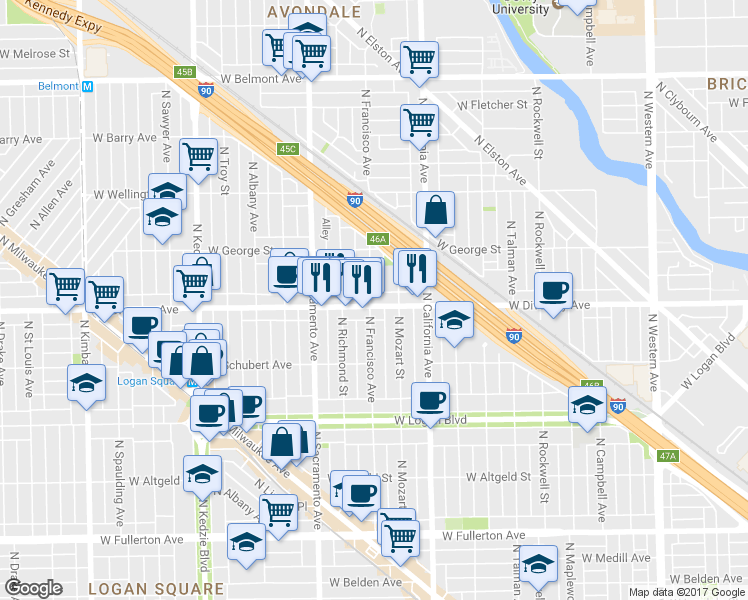 map of restaurants, bars, coffee shops, grocery stores, and more near 2814 North Francisco Avenue in Chicago