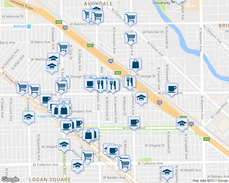 map of restaurants, bars, coffee shops, grocery stores, and more near 2814 North Francisco Avenue in Chicago