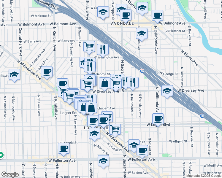 map of restaurants, bars, coffee shops, grocery stores, and more near 2816 North Albany Avenue in Chicago