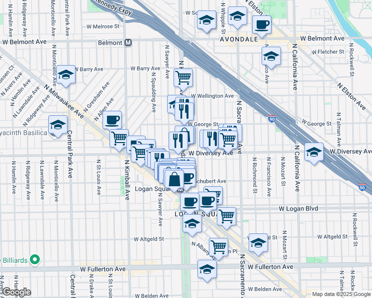 map of restaurants, bars, coffee shops, grocery stores, and more near 2814 North Troy Street in Chicago