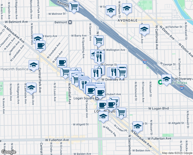 map of restaurants, bars, coffee shops, grocery stores, and more near 2814 North Kedzie Avenue in Chicago
