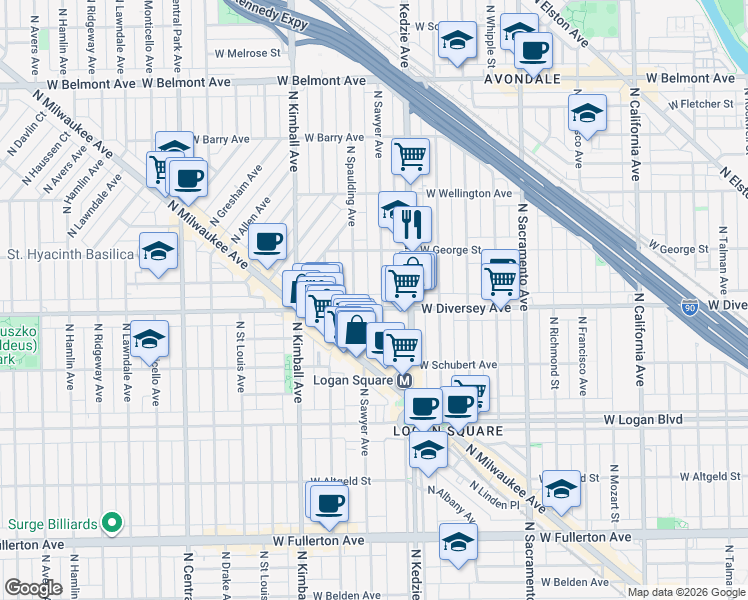 map of restaurants, bars, coffee shops, grocery stores, and more near 2815 North Spaulding Avenue in Chicago