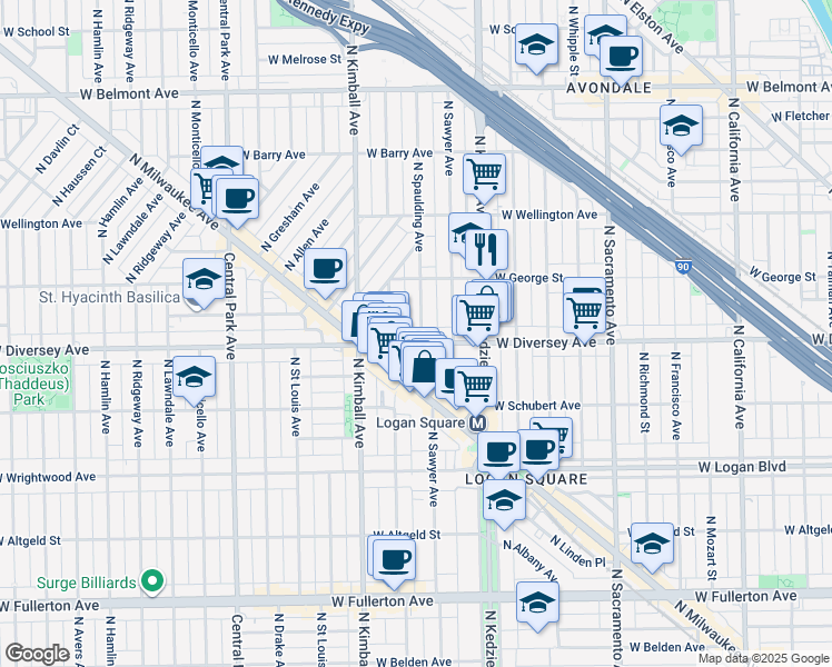 map of restaurants, bars, coffee shops, grocery stores, and more near 2815 North Spaulding Avenue in Chicago