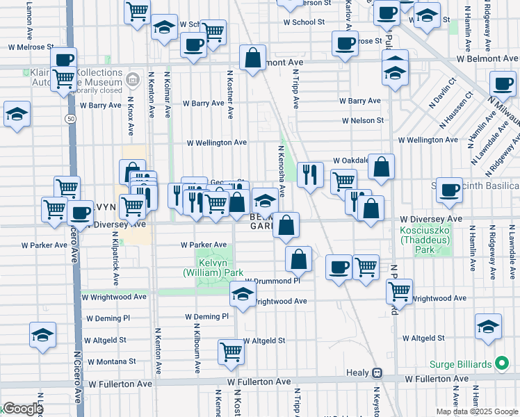 map of restaurants, bars, coffee shops, grocery stores, and more near 2825 North Lowell Avenue in Chicago