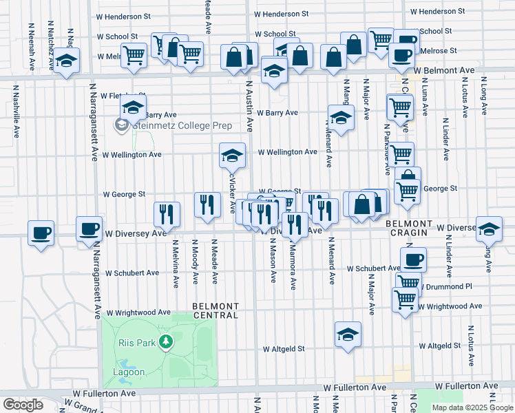 map of restaurants, bars, coffee shops, grocery stores, and more near 2843 North Austin Avenue in Chicago