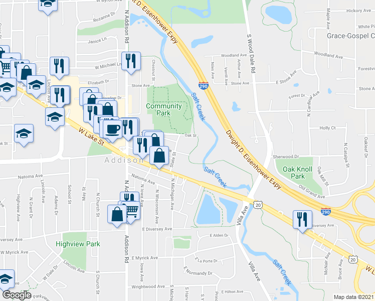 map of restaurants, bars, coffee shops, grocery stores, and more near 198 East North Avenue in Addison
