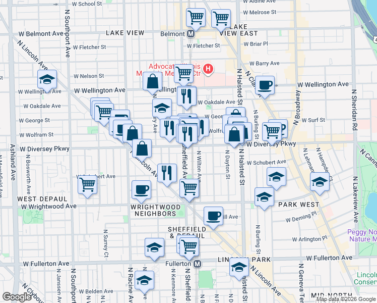 map of restaurants, bars, coffee shops, grocery stores, and more near in Chicago