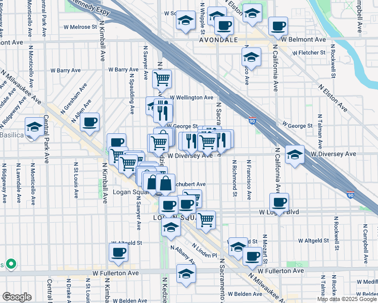 map of restaurants, bars, coffee shops, grocery stores, and more near 2816 North Albany Avenue in Chicago