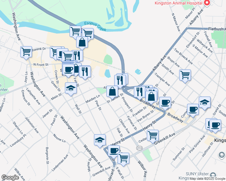 map of restaurants, bars, coffee shops, grocery stores, and more near 895 Albany Avenue in Kingston
