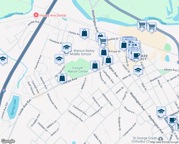 map of restaurants, bars, coffee shops, grocery stores, and more near 119 Lucas Avenue in Kingston
