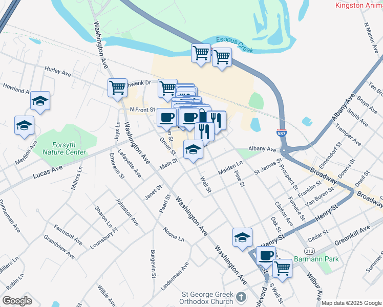 map of restaurants, bars, coffee shops, grocery stores, and more near Wall Street & Main Street in Kingston