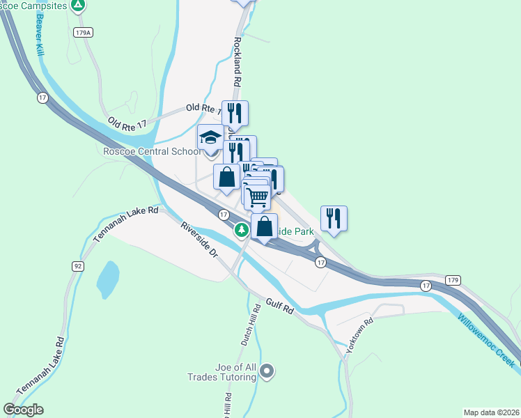map of restaurants, bars, coffee shops, grocery stores, and more near 60 Stewart Avenue in Roscoe