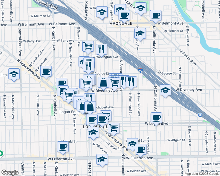 map of restaurants, bars, coffee shops, grocery stores, and more near 2816 North Albany Avenue in Chicago