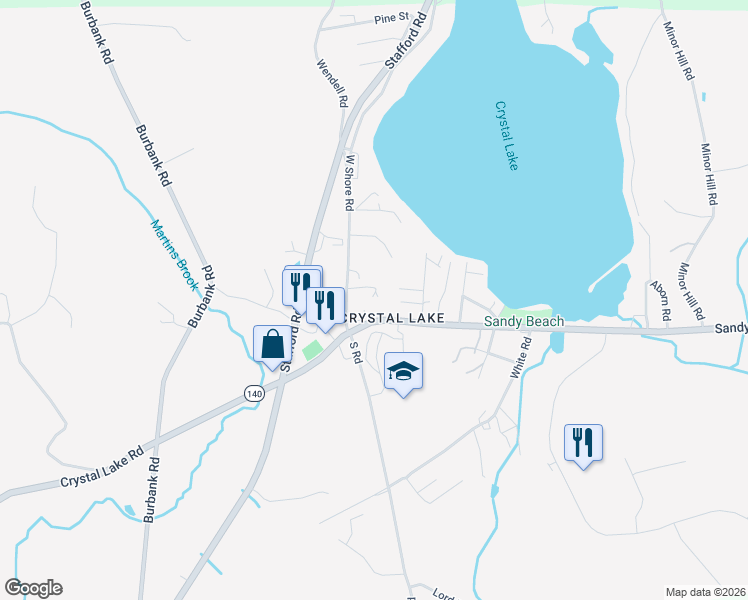 map of restaurants, bars, coffee shops, grocery stores, and more near 25 West Shore Road in Ellington