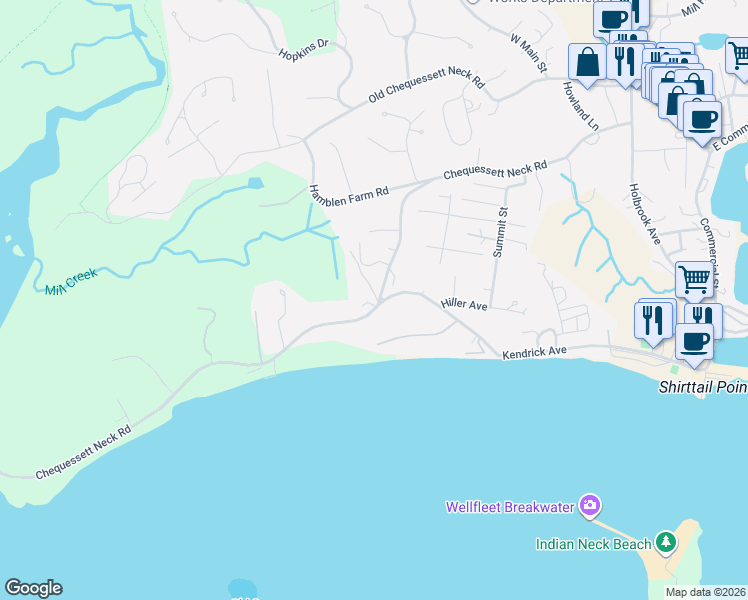 map of restaurants, bars, coffee shops, grocery stores, and more near 420 Chequessett Neck Road in Wellfleet