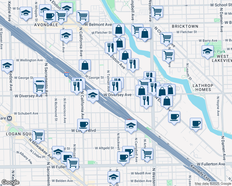 map of restaurants, bars, coffee shops, grocery stores, and more near 2602 West Diversey Avenue in Chicago