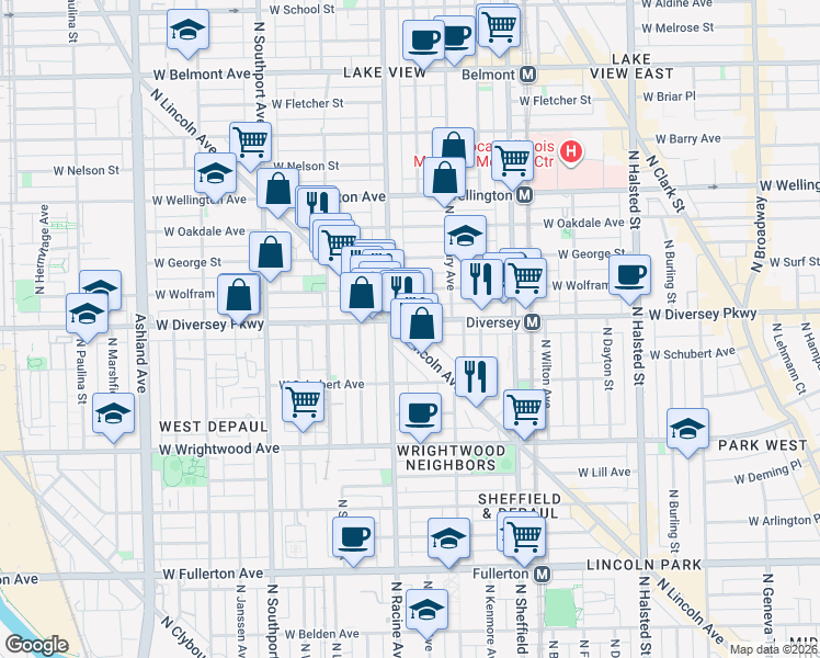 map of restaurants, bars, coffee shops, grocery stores, and more near 1153 West Diversey Parkway in Chicago