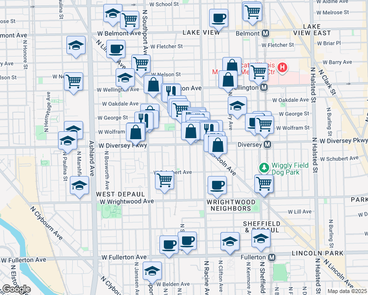 map of restaurants, bars, coffee shops, grocery stores, and more near 1228 West Diversey Parkway in Chicago