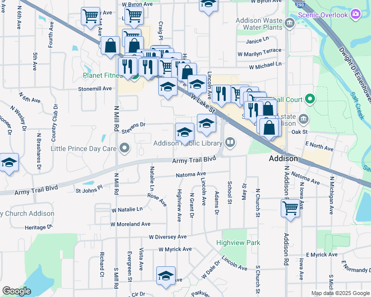 map of restaurants, bars, coffee shops, grocery stores, and more near 346 Army Trail Boulevard in Addison
