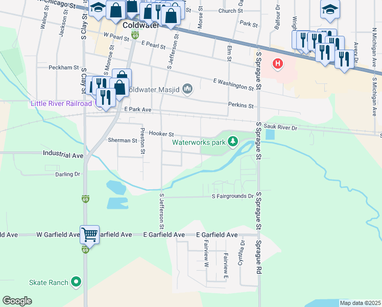 map of restaurants, bars, coffee shops, grocery stores, and more near 70 Tibbits Street in Coldwater