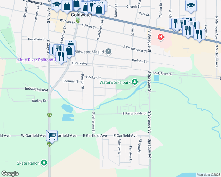 map of restaurants, bars, coffee shops, grocery stores, and more near 70 Tibbits Street in Coldwater