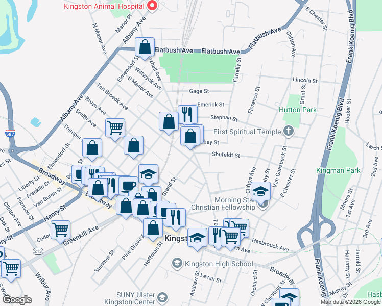 map of restaurants, bars, coffee shops, grocery stores, and more near 185 Foxhall Avenue in Kingston
