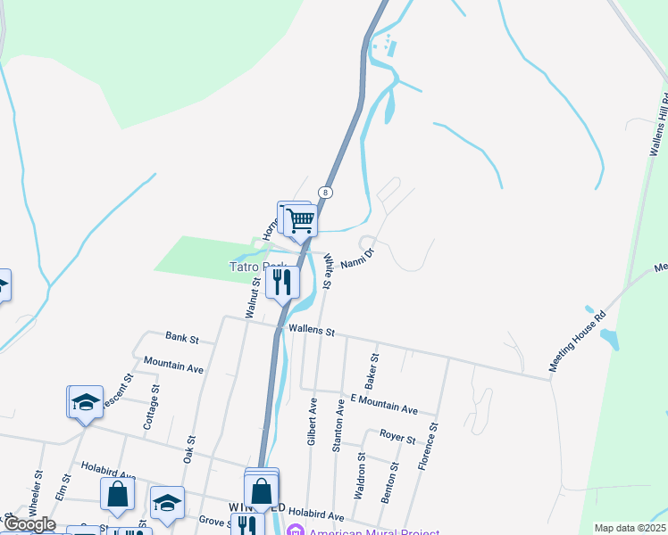 map of restaurants, bars, coffee shops, grocery stores, and more near 24 White Street in Winsted