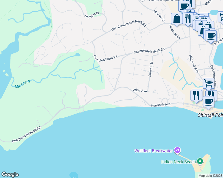 map of restaurants, bars, coffee shops, grocery stores, and more near 420 Chequessett Neck Road in Wellfleet