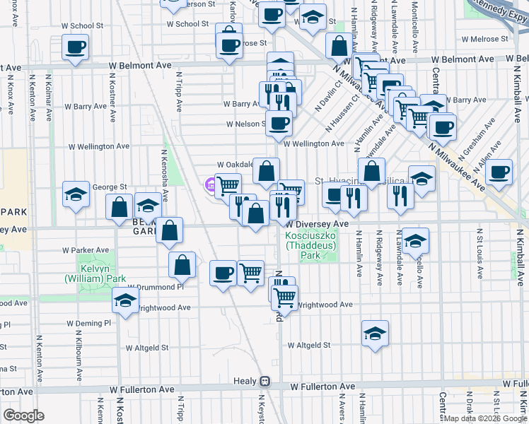 map of restaurants, bars, coffee shops, grocery stores, and more near 4000 West Diversey Avenue in Chicago