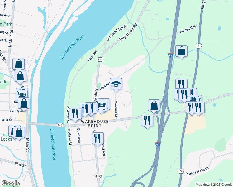 map of restaurants, bars, coffee shops, grocery stores, and more near 36 Gardner Street in East Windsor