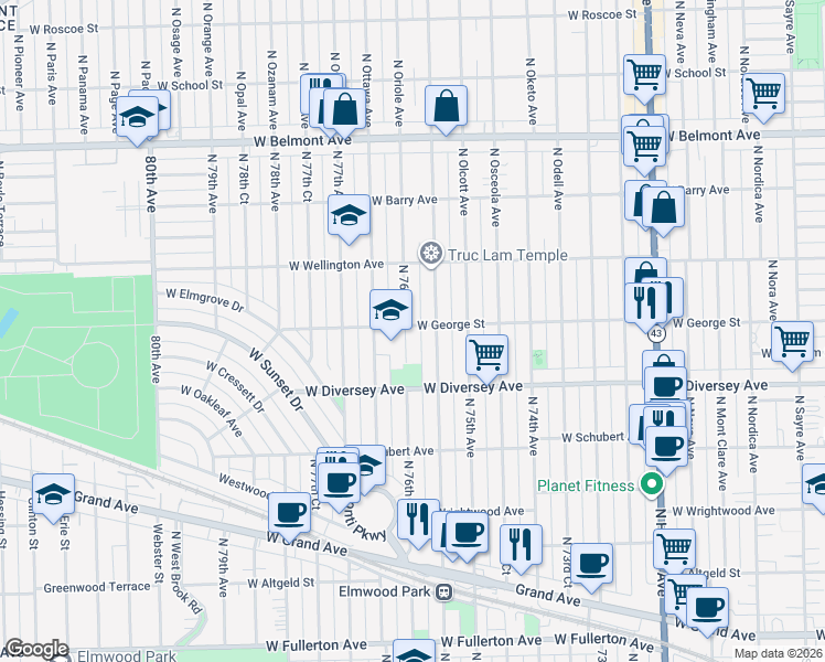 map of restaurants, bars, coffee shops, grocery stores, and more near 2847 North 76th Avenue in Elmwood Park