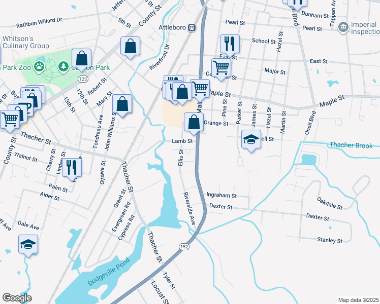 map of restaurants, bars, coffee shops, grocery stores, and more near 14 Marjorie Street in Attleboro