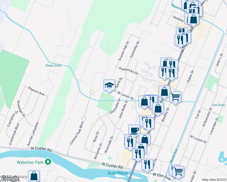 map of restaurants, bars, coffee shops, grocery stores, and more near 1731 West Lorain Street in Monroe