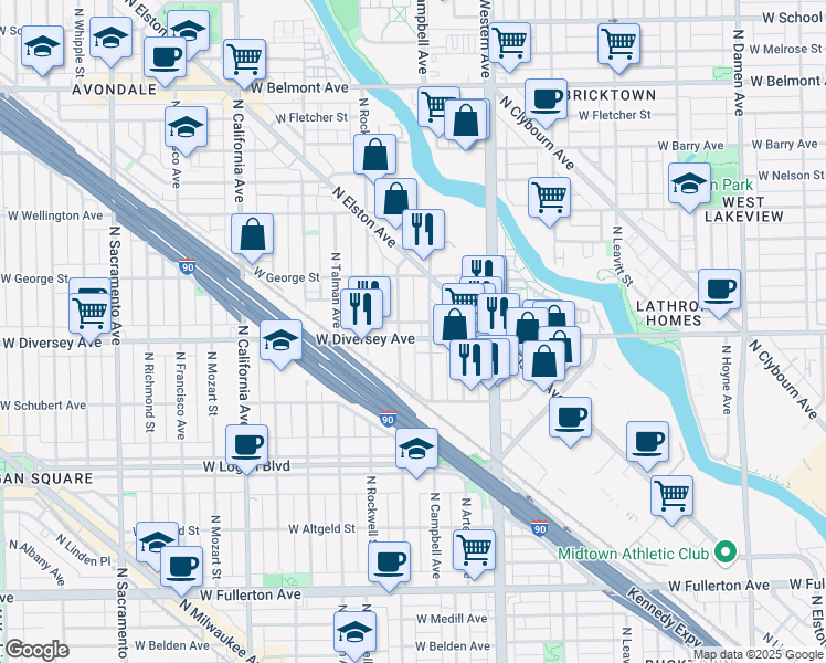 map of restaurants, bars, coffee shops, grocery stores, and more near 2514 West Diversey Avenue in Chicago
