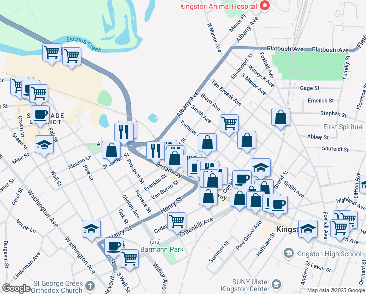 map of restaurants, bars, coffee shops, grocery stores, and more near 52 Elmendorf Street in Kingston