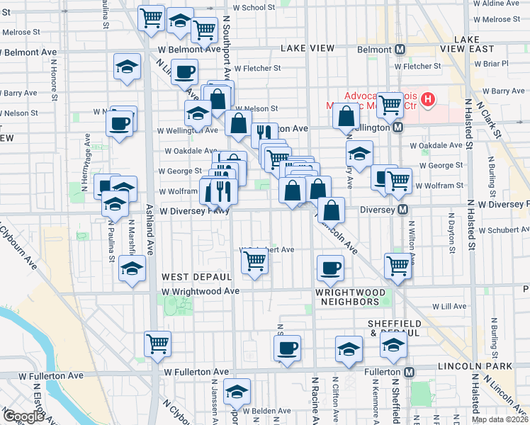 map of restaurants, bars, coffee shops, grocery stores, and more near 1305 West Diversey Parkway in Chicago