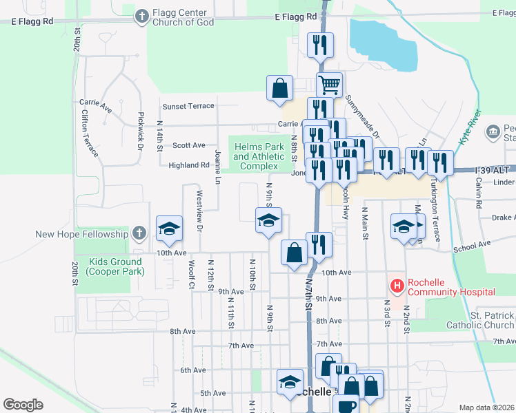 map of restaurants, bars, coffee shops, grocery stores, and more near 1246 Tilton Park Drive in Rochelle