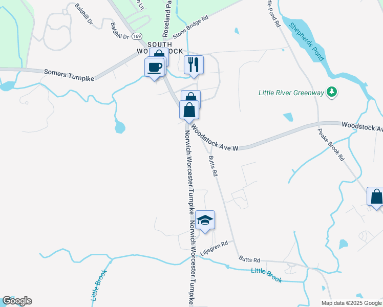 map of restaurants, bars, coffee shops, grocery stores, and more near 223 Connecticut 169 in Woodstock