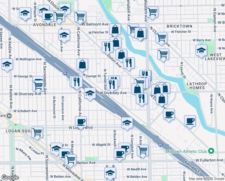 map of restaurants, bars, coffee shops, grocery stores, and more near 2602 West Diversey Avenue in Chicago