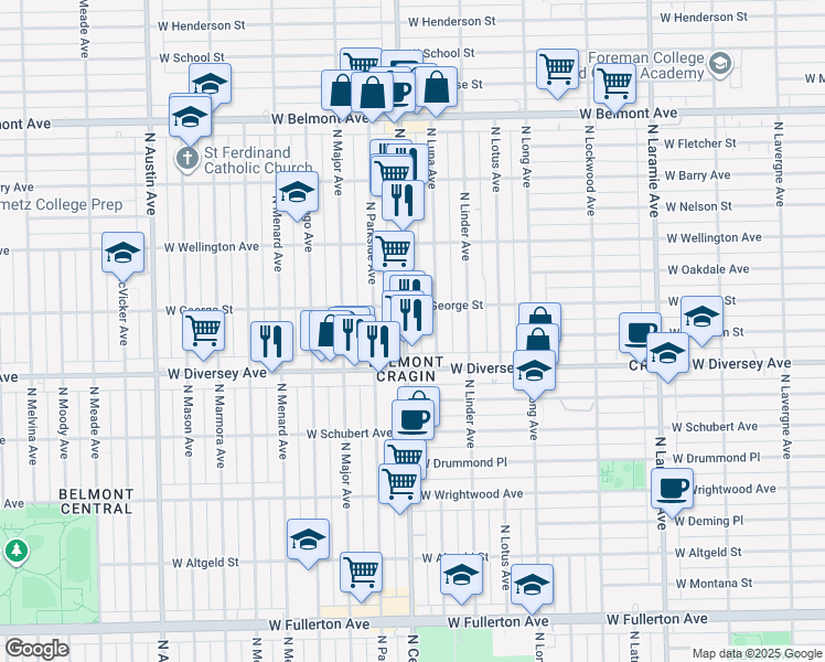 map of restaurants, bars, coffee shops, grocery stores, and more near 2840 North Central Avenue in Chicago