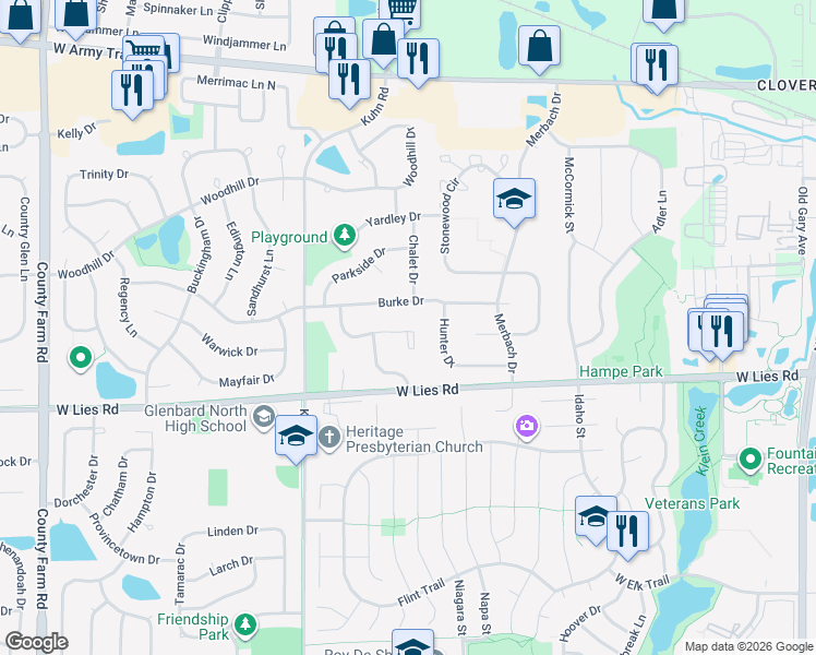 map of restaurants, bars, coffee shops, grocery stores, and more near 481 Canterbury Drive in Carol Stream